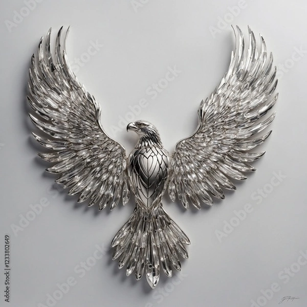 Fototapeta A luxurious cursive "JP" in shimmering silver, seamlessly forming the elegant wings of an eagle, set against a pristine white background.