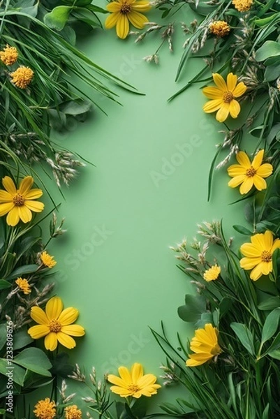 Fototapeta Yellow floral frame on green background with leaves and grass for spring or summer design