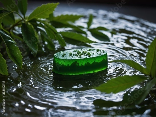 Fototapeta Refreshing neem and aloe vera soap with a dynamic water splash, symbolizing purity, natural skincare, and deep hydration. A perfect blend of herbal care and skin nourishment.