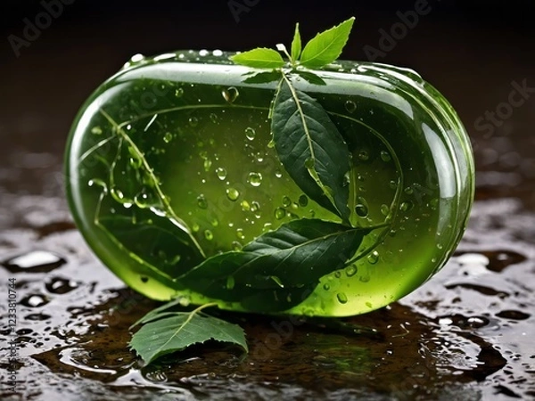 Fototapeta Refreshing neem and aloe vera soap with a dynamic water splash, symbolizing purity, natural skincare, and deep hydration. A perfect blend of herbal care and skin nourishment.