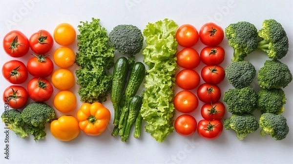 Fototapeta Colorful assortment of fresh vegetables arranged neatly on a white background
