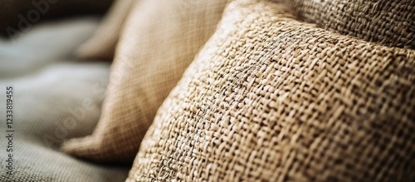Fototapeta Close-up of textured burlap pillows on a soft sofa with shallow depth of field Copy Space