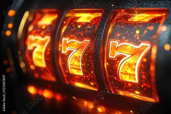 Fototapeta Close-up of a slot machine displaying three glowing sevens.