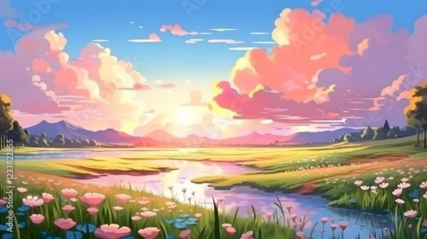 Fototapeta Gorgeous hand-drawn illustration depicting scenic mountains and farmlands, enriched with intricate details and an anime-inspired touch.