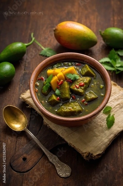 Fototapeta Authentic Indian mango pickle, made from ripe mangoes and a blend of traditional spices, offering a tangy and spicy kick to your meals. A classic accompaniment in Indian cuisine, bursting with flavor 