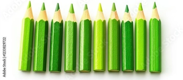 Obraz Row of green colored pencils in various shades arranged in a straight line with white background and copy space