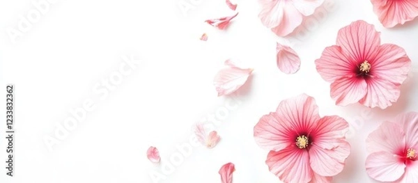 Fototapeta Delicate pink flowers and petals arranged on white background with ample copy space for text placement