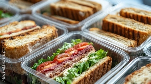 Fototapeta Healthy packed lunch boxes with sandwiches and fresh ingredients ready for desk enjoyment and convenient meal prep on a busy day
