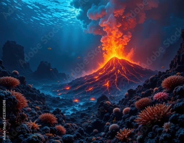 Obraz An underwater volcano erupts, spewing lava and smoke. Orange corals and fish populate the surrounding seabed. Dark rocks and glowing lava contrast with the blue water