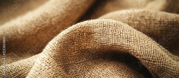 Fototapeta Close-up of textured brown fabric with soft folds and natural fibers in warm lighting with Copy Space