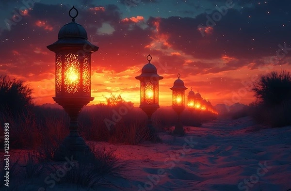 Fototapeta Illuminated Lanterns in Snow with a Vivid Sunset in the Background