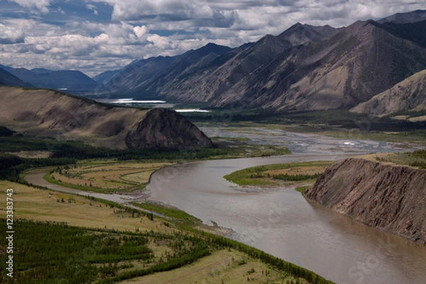 Fototapeta Top view of a river bend. Indigirka River, Yakutia, Russia.