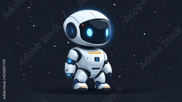 Fototapeta A cute, futuristic robot character with glowing features in a starry background.