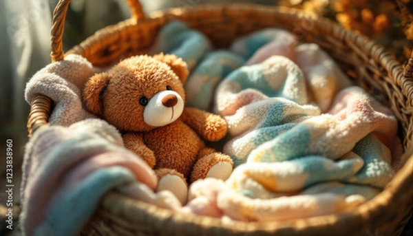 Fototapeta Cozy teddy bear in a wicker basket with soft multi-colored blankets in sunlight
