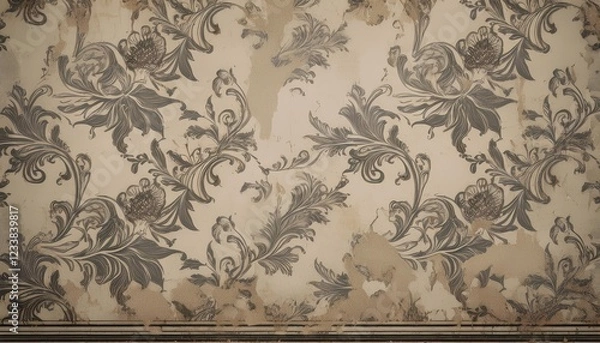Fototapeta Weathered Floral Wallpaper on Cracked Walls A Decaying Interior Scene Showcasing Antique Patterns and Textures in a Timeworn Room