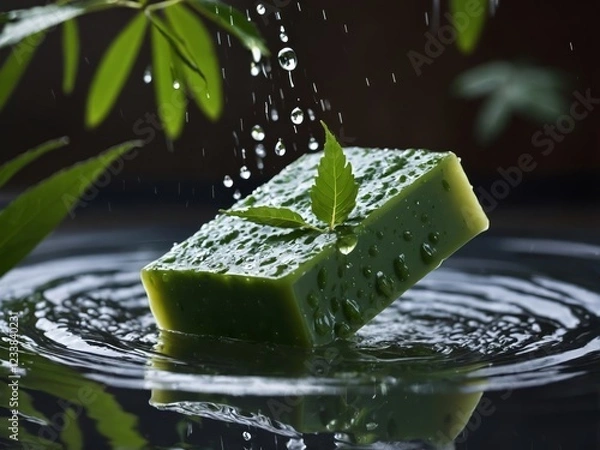 Fototapeta Refreshing neem soap with a dynamic water splash, symbolizing purity, natural skincare, and rejuvenation. A perfect blend of nature’s benefits and a soothing bath experience.