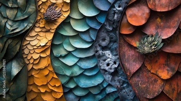 Fototapeta Textured paper sculpture showcasing metamorphic designs in vibrant colors for artistic inspiration and creative projects.