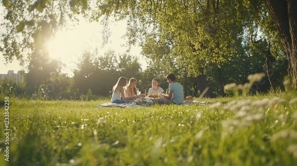 Fototapeta Four people enjoy a picnic in a grassy field on a sunny day with trees in background