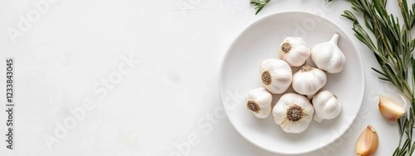 Fototapeta Garlic dish on a white plate with fresh herbs featuring empty space for text or culinary design elements in a clean kitchen setting
