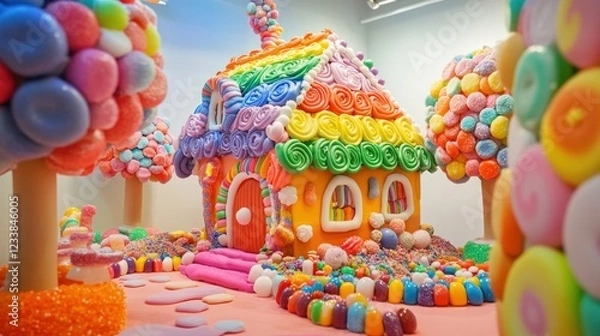 Fototapeta A real picture of a rainbow cake house, a roof made of rainbow cake, a tree made of candy, lollipops and candies. The atmosphere at Rainbow Cake House is very strong