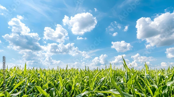 Fototapeta Lush green field under sunny blue sky with fluffy clouds. Ideal for agriculture or nature themes