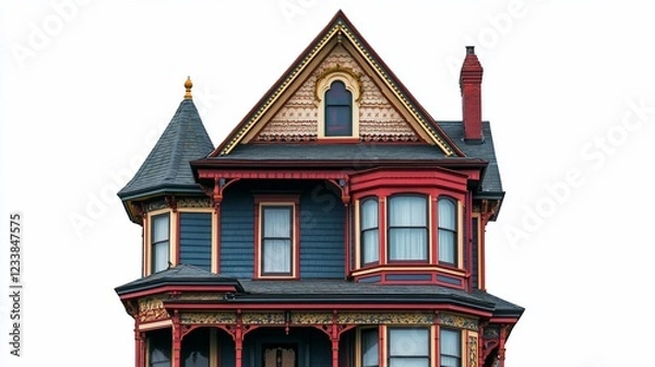 Fototapeta Victorian Style House with Intricate Trim, Isolated on White Background for Design Projects