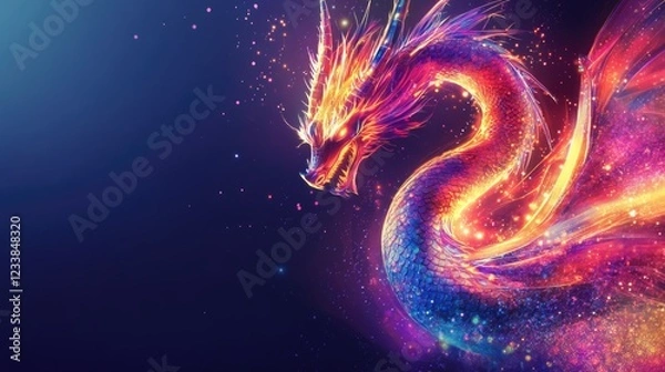Fototapeta Vibrant Glowing Dragon Illustration Symbolizing Digital Innovation with Space for Customizable Text