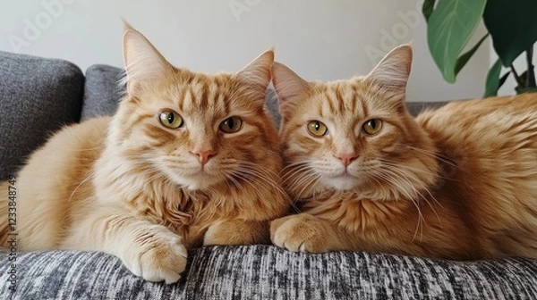 Fototapeta Adorable close-up of two fluffy orange cats relaxing together on a cozy couch, showcasing their affectionate bond and playful expressions.