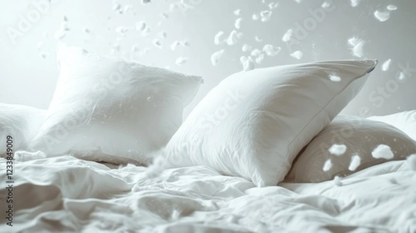Fototapeta Tranquil Atmosphere of a Pillow Fight with White Cushions on a Bed and Soft Feather Fluffs in a Relaxing Weekend Setting