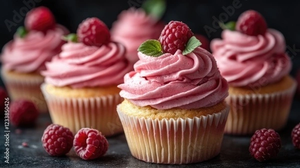 Fototapeta Delicious raspberry cupcakes elegantly topped with fresh berries perfect for sweet dessert promotions and empty space for text