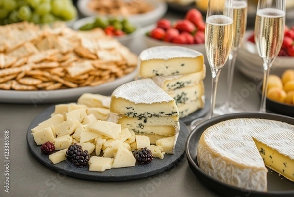 Fototapeta A gourmet cheese platter pairs luxury cheeses with crisp crackers. Cheese platter with crackers and champagne flutes on a festive table.