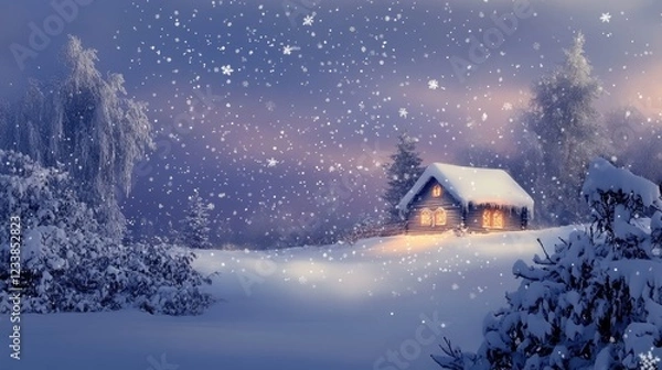 Obraz Serene Winter Landscape with Snowflakes and Cozy Cabin Illuminated in a Dreamy Christmas Sky Featuring Ample Copy Space for Text
