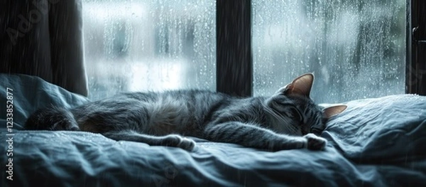 Fototapeta Cozy cat sleeping on bed by rainy window with soft light creating a tranquil atmosphere perfect for text placement or relaxation themes