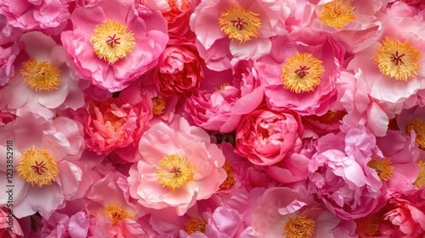 Fototapeta Vibrant pink paper peonies arranged flat with empty space for text ideal for floral backgrounds or promotional materials