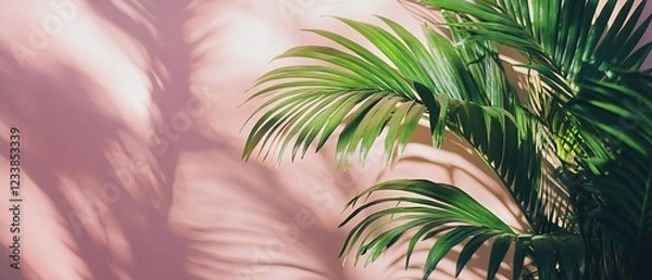 Fototapeta Lush green palm fronds cast shadows on a soft pink wall creating a tropical aesthetic