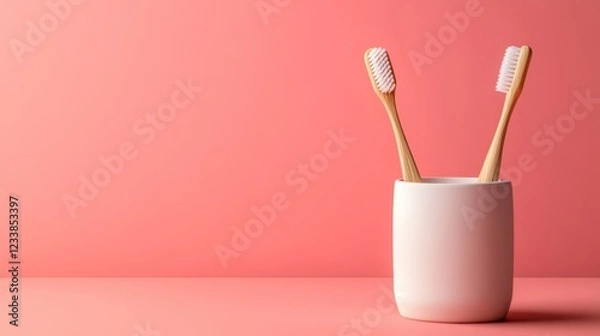 Fototapeta Two bamboo toothbrushes stand upright in a minimalist white holder against a soft pink background, symbolizing eco-friendly oral care.