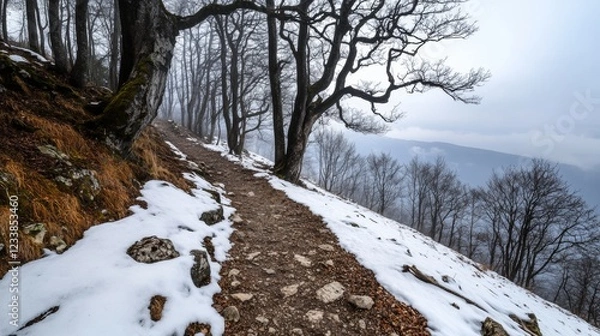 Fototapeta A scenic winter path winds through bare trees, dusted with snow, under a cloudy sky, creating a tranquil and moody atmosphere.