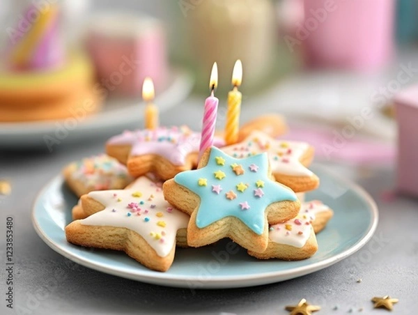 Fototapeta Star-shaped cookies decorated with pastel icing and sprinkles, placed on a plate, accompanied by colorful birthday candles, creating a festive atmosphere.