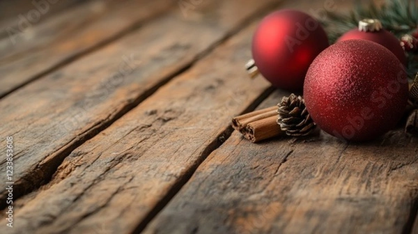 Fototapeta A rustic wooden surface adorned with red Christmas ornaments and pine cones, evoking a warm holiday atmosphere.