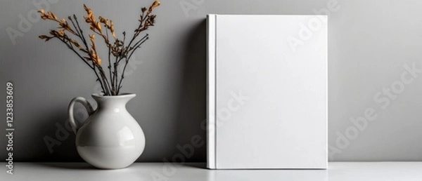Fototapeta A minimalist arrangement featuring a blank book beside a vase with dried flowers against a neutral background.