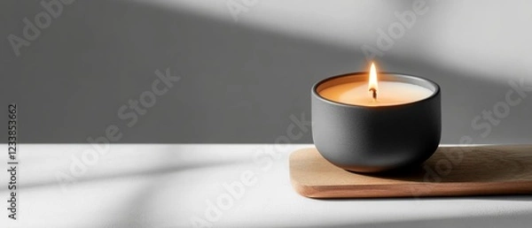 Fototapeta A lit candle in a sleek holder on a wooden surface, casting gentle shadows, creating a warm and calming ambiance.