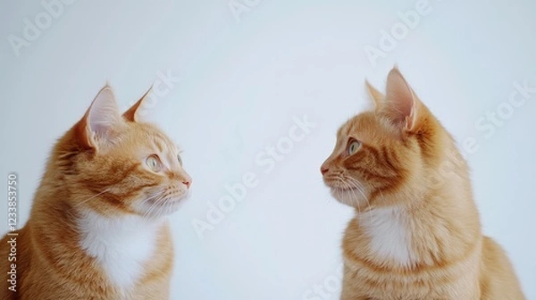Obraz Two charming ginger cats gazing at each other set against a clean white background showcasing their unique features and expressions.