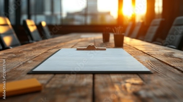 Fototapeta A sunlit conference room features a wooden table with a clipboard and stationery, creating a warm, professional atmosphere for meetings.