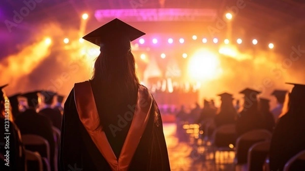 Fototapeta A graduate in cap and gown stands before a brightly lit stage during a ceremony, reflecting joy and anticipation as fellow graduates celebrate.