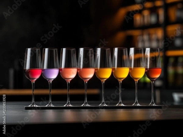 Fototapeta A row of elegant champagne flutes filled with vibrant, colorful drinks, displayed on a sleek black countertop against a dimly lit bar backdrop.
