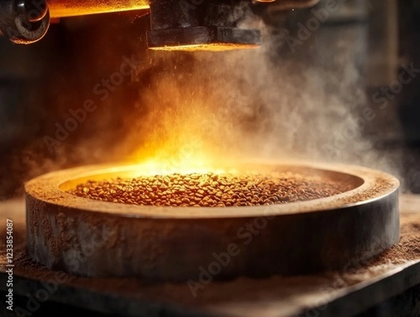 Fototapeta A glowing forge scene, showcasing molten metal being processed, with steam rising and an intense orange glow illuminating the workspace.