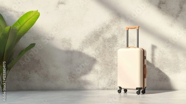 Fototapeta A minimalist scene featuring a stylish suitcase next to a large green plant, casting shadows on a textured wall.