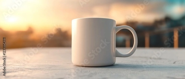 Fototapeta A serene sunrise scene featuring a white coffee mug on a table, symbolizing comfort and relaxation.
