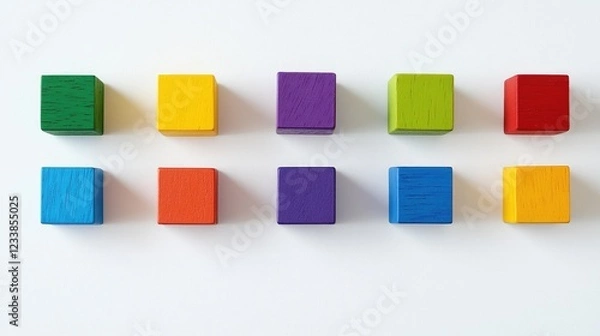 Fototapeta Colorful wooden blocks in vibrant hues arranged on a white background with ample empty space for creative text or design elements.