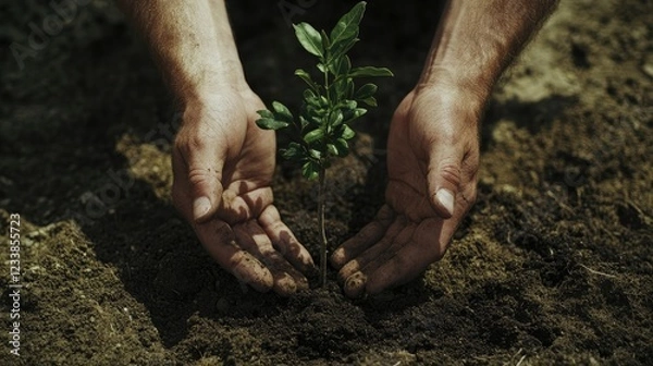 Fototapeta Hands carefully planting a young tree in rich soil symbolizing growth and environmental commitment with space for text or message